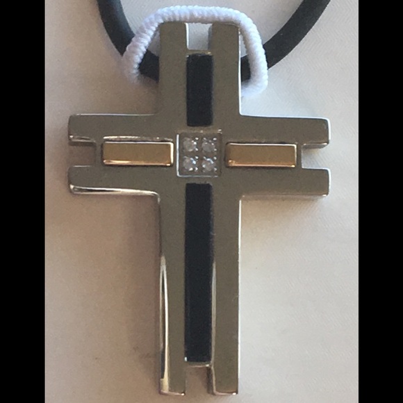 Mens Dolan Bullock CROSS Pendant 18K Gold Diamonds S-Steel Onyx in orig Box - Picture 3 of 14